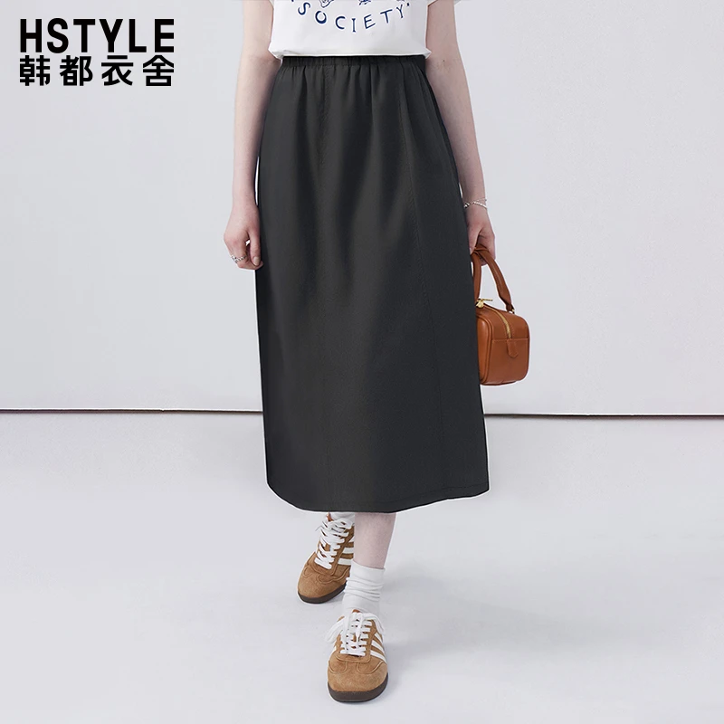 韩都衣舍松紧后开叉长款半身裙女通勤休闲百搭显瘦设计感长裙秋款