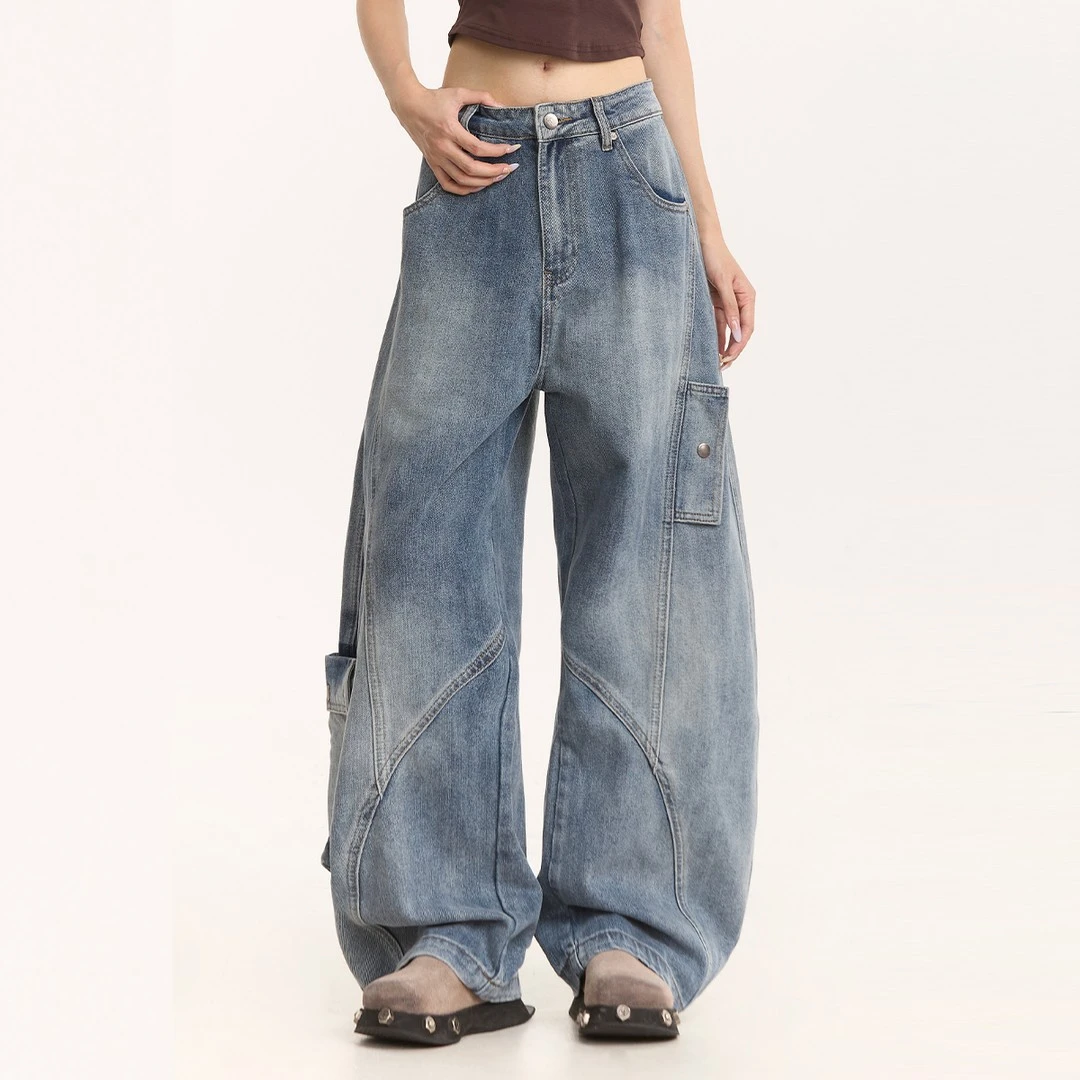 ZOCI潮牌美式廓形弯刀牛仔裤男女款高街设计感裤子水洗直筒阔腿长