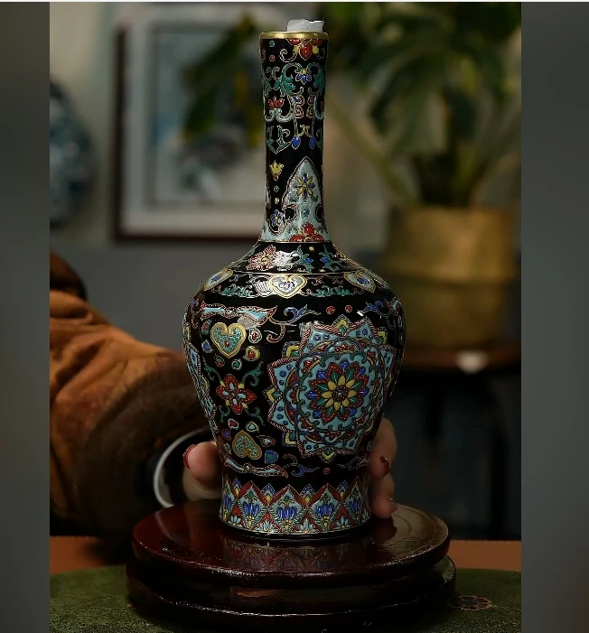 景德镇国企好瓷推荐珐琅彩乌金釉挫金银摇铃樽赏瓶122