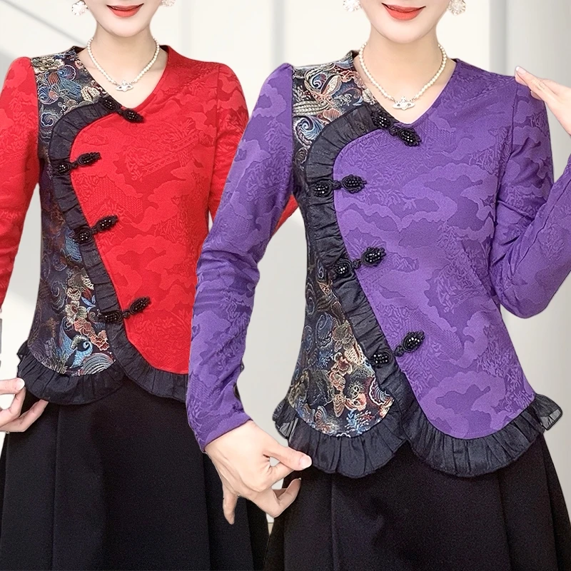 新中式国风上衣女2025新款春秋洋气小衫妈妈高档气质衬衣花边复古