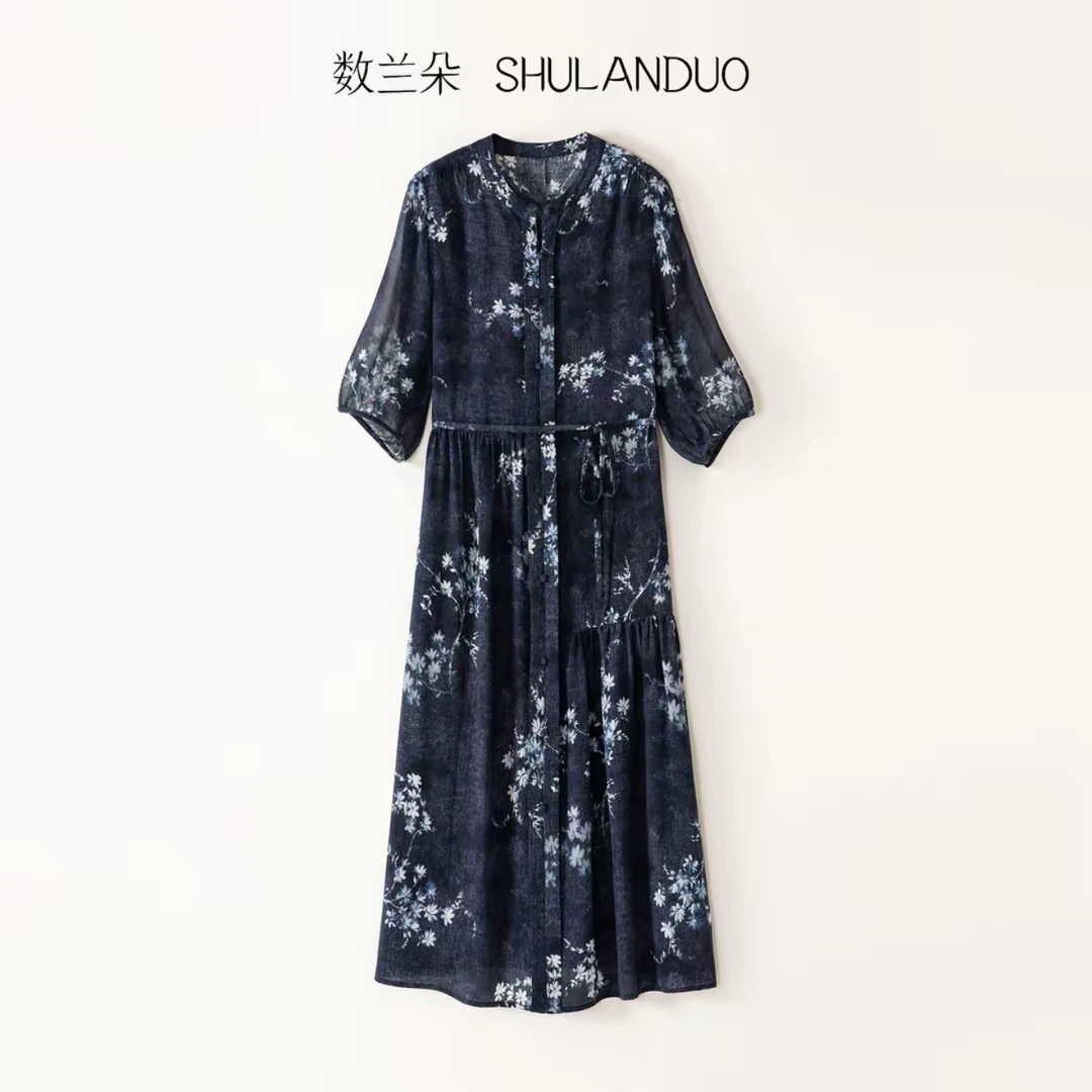 【100%桑蚕丝】数兰朵静奢风青花瓷印花真丝连衣裙  飘逸显瘦长裙