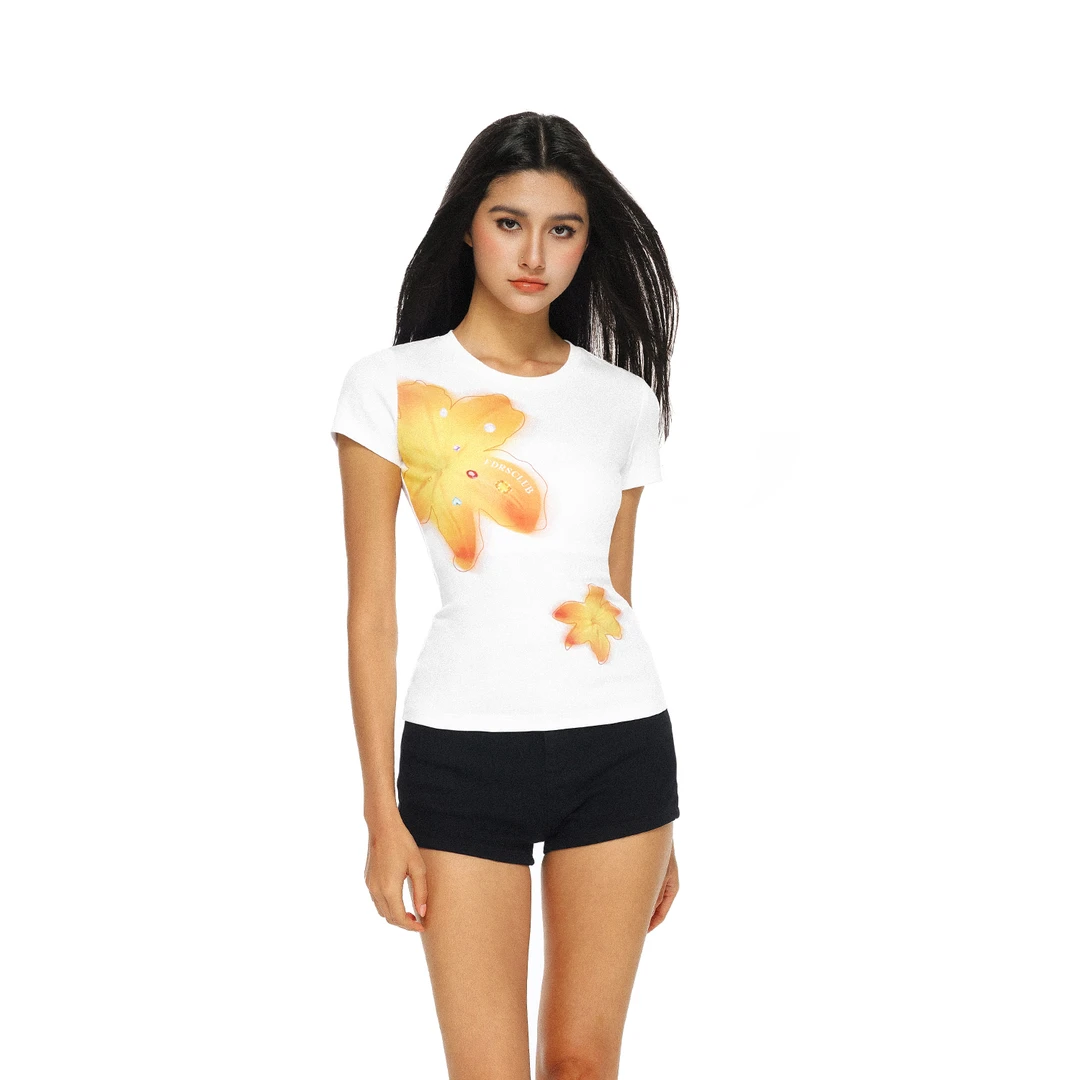 FDR官方店 美式辣妹宝石花卉印花短袖t恤女夏季修身显瘦体恤上衣