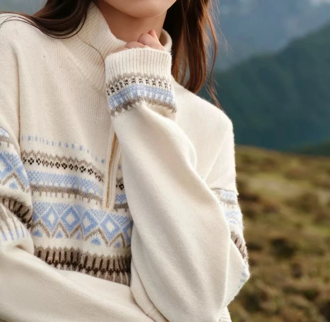 【南后·雅系】2025新款女装牦牛绒羊毛混纺几何提花毛衣-1296衣长58