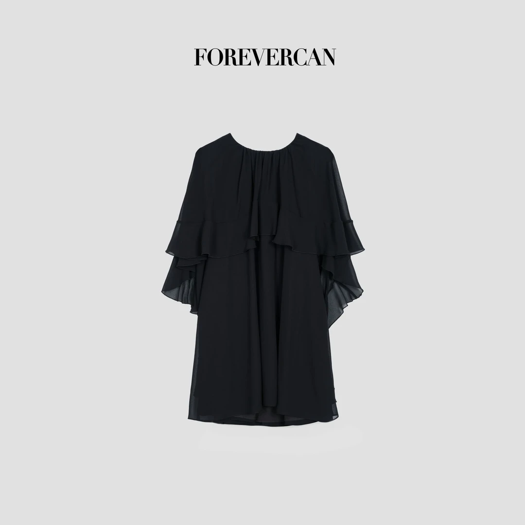 FOREVERCAN“黑鸢尾”荷叶边不规则剪裁斗篷式A字背心连衣裙SD23374