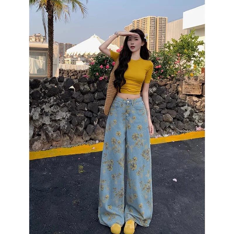 春日浪漫黄碎花阔腿牛仔裤女春季高腰慵懒宽松堆堆裤显瘦直筒夏季