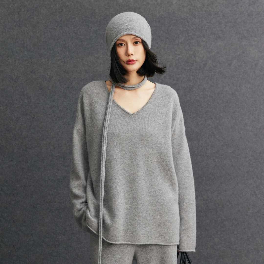 轻奢简约 baby山羊绒衫女V领宽松针织衫慵懒毛衣秋冬新款女装上衣