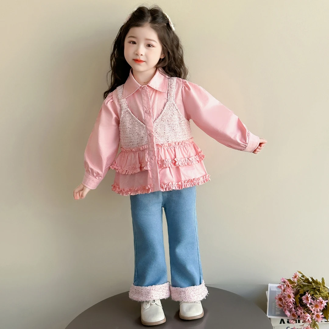 女童小香风套装春秋款新款宝宝假两件衬衫洋气女孩韩版时髦两件套