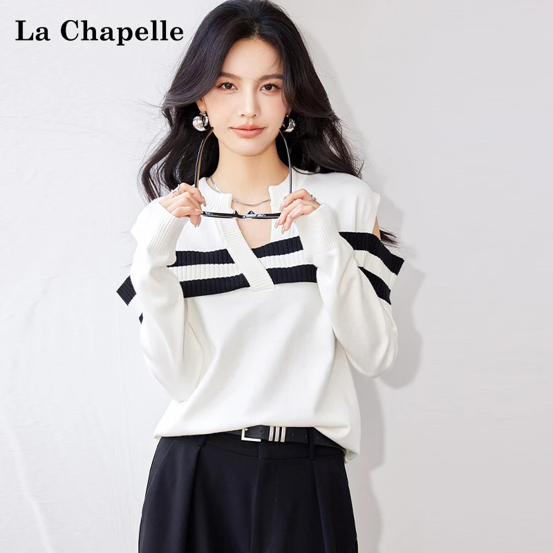 拉夏贝尔法式经典米白V领露肩镂空条纹针织衫女设计感通勤毛衣秋