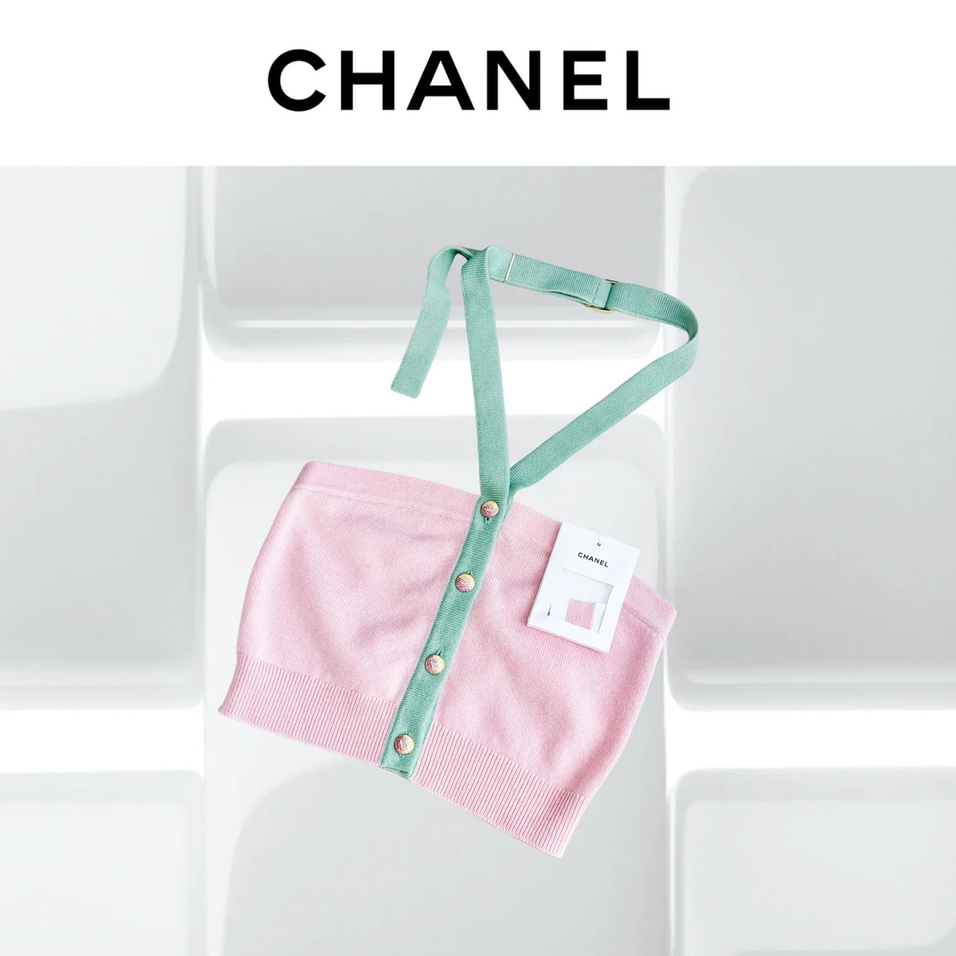 99新 Chanel/香奈儿 38码24C粉绿拼色晕染钻扣挂脖抹胸上衣