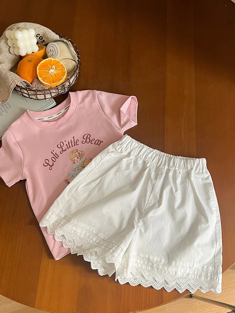 2025夏季新款女童韩版夏季热裤甜美淑女百搭蕾丝边短裤