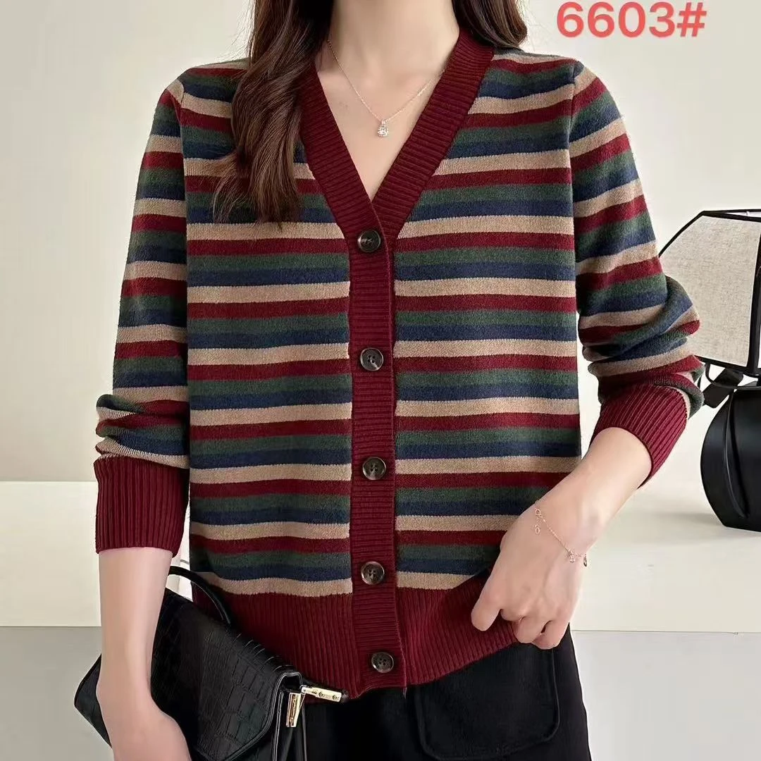 2025春秋季新款针织开衫外套女装中年气质百搭彩色条纹休闲上衣