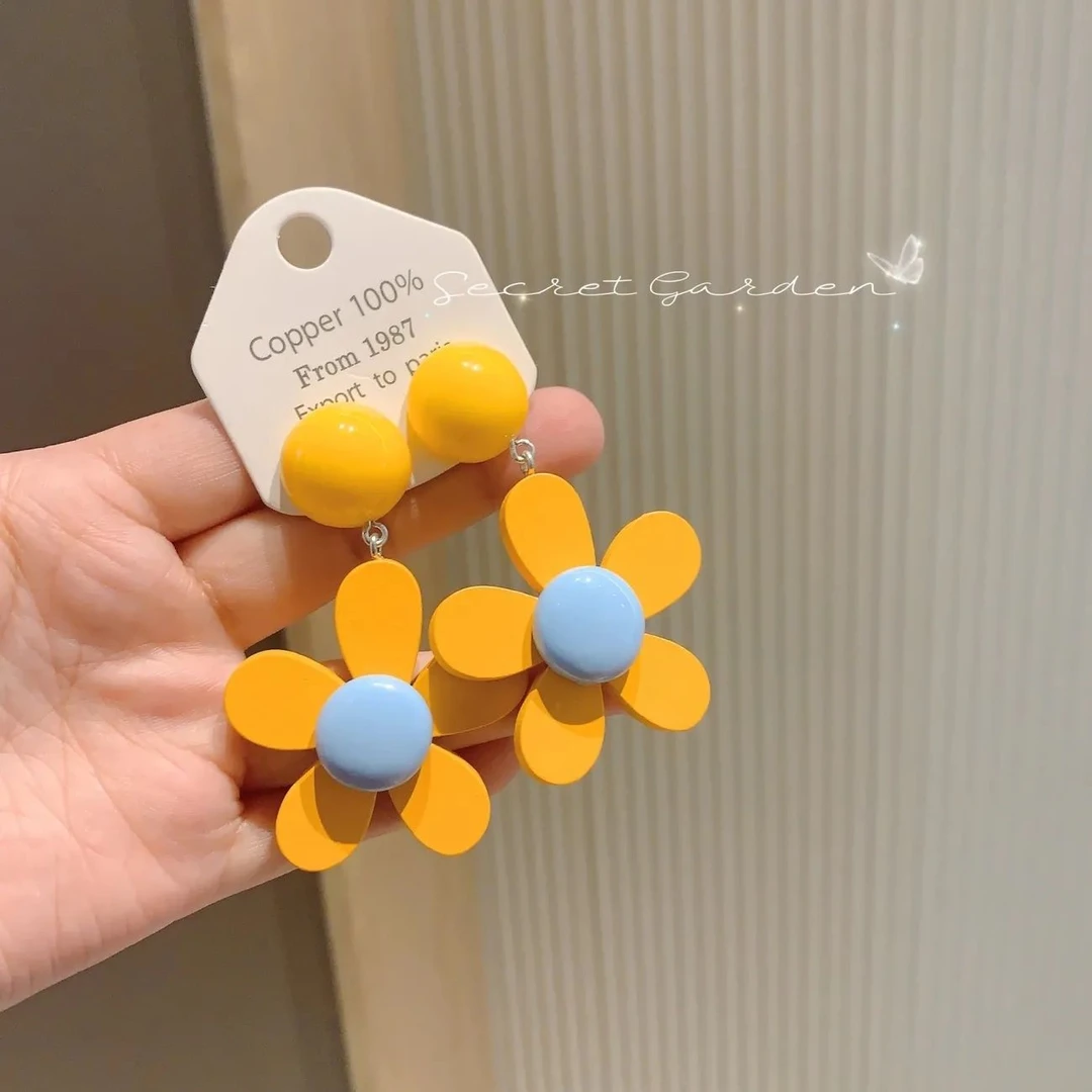 夏日度假大花耳钉太阳花夸张童趣少女撞色个性耳环无洞耳夹