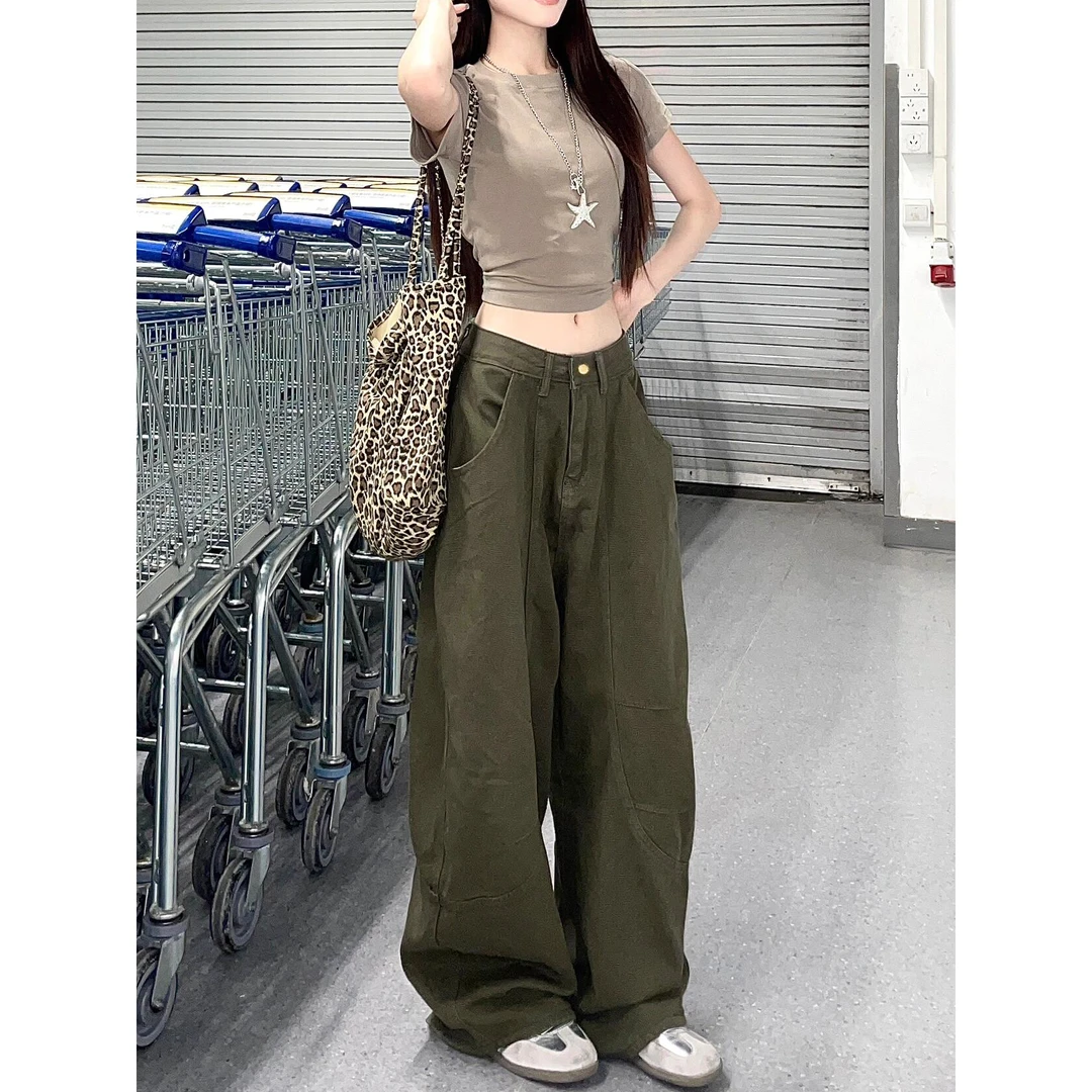 复古美式军绿色工装牛仔裤女夏季新款高腰显瘦弯刀阔腿拖地长裤子