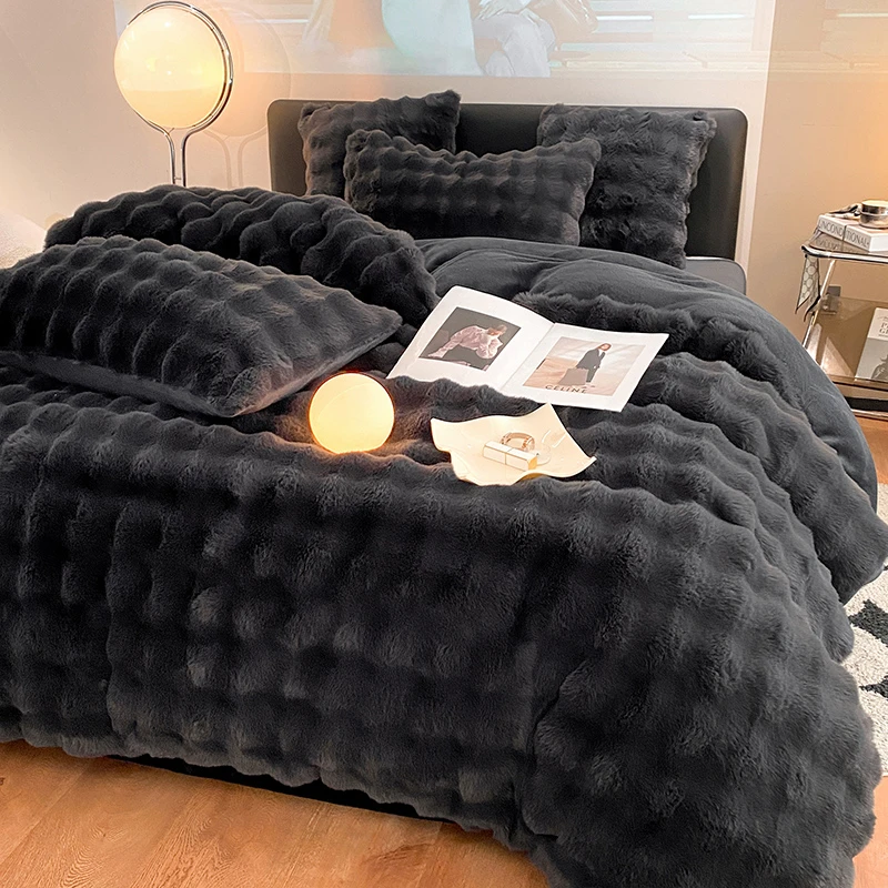 冬季加厚兔兔毛绒床上四件套牛奶绒珊瑚绒被套床单三件套双面加绒