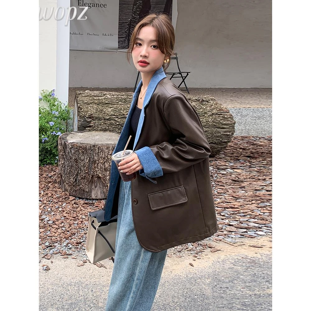 西装外套女设计感小众春秋2025新款牛仔拼接皮衣高级感炸街小西服