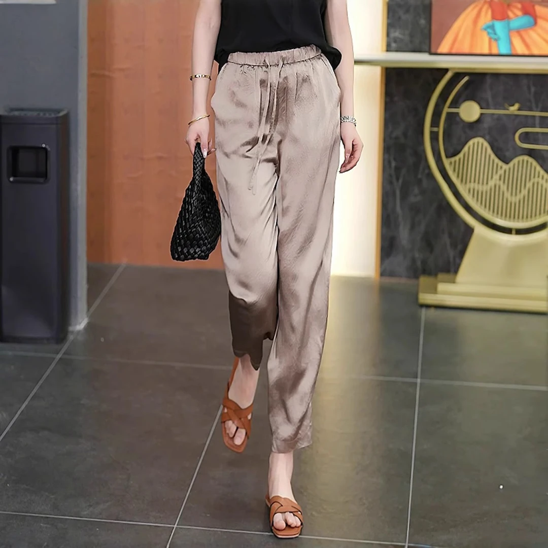 醋酸哈伦萝卜裤女2025夏季直筒裤子高腰显瘦小个子缎面休闲凉凉裤