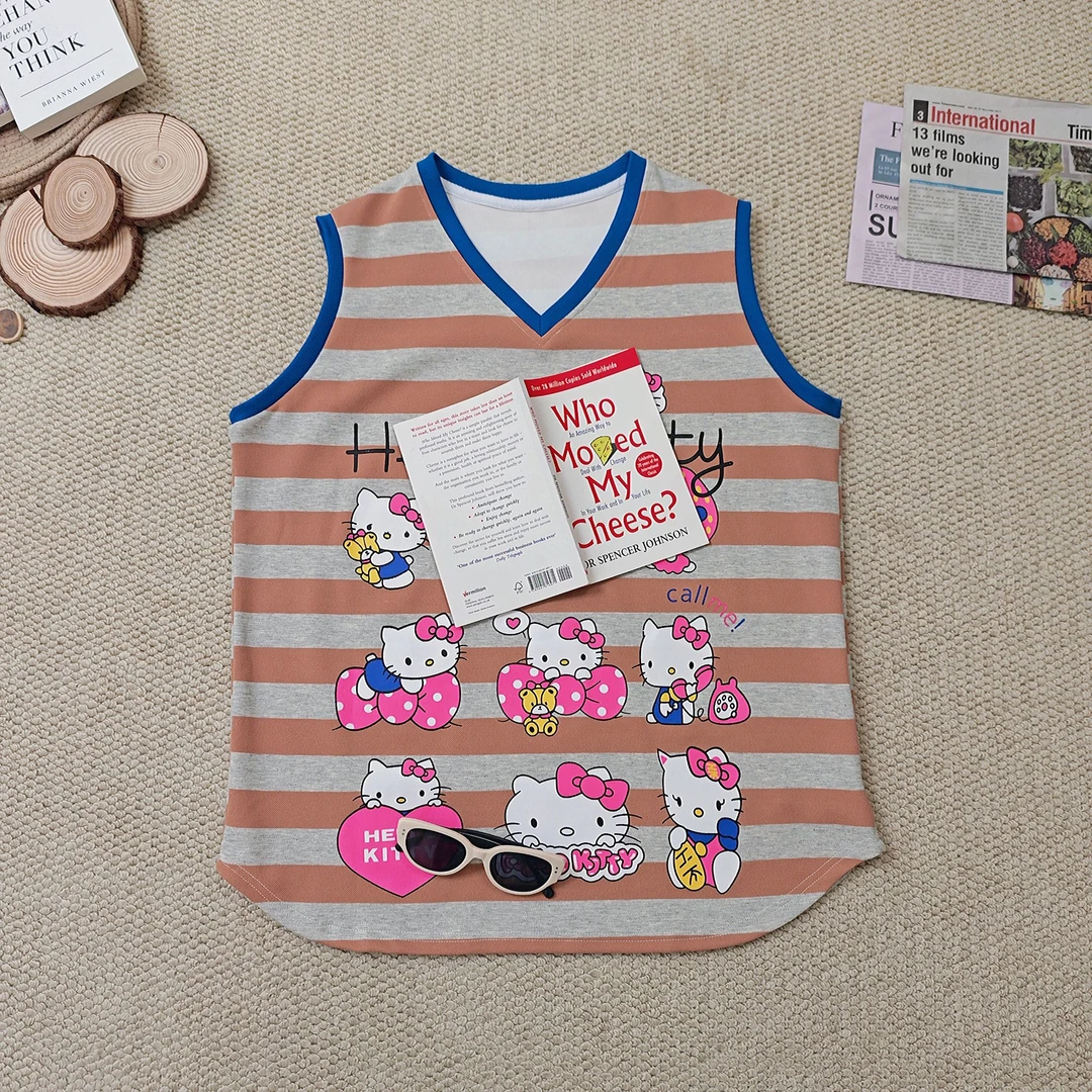 2025夏季新款宽松百搭时尚条纹卡通字母印花背心2038