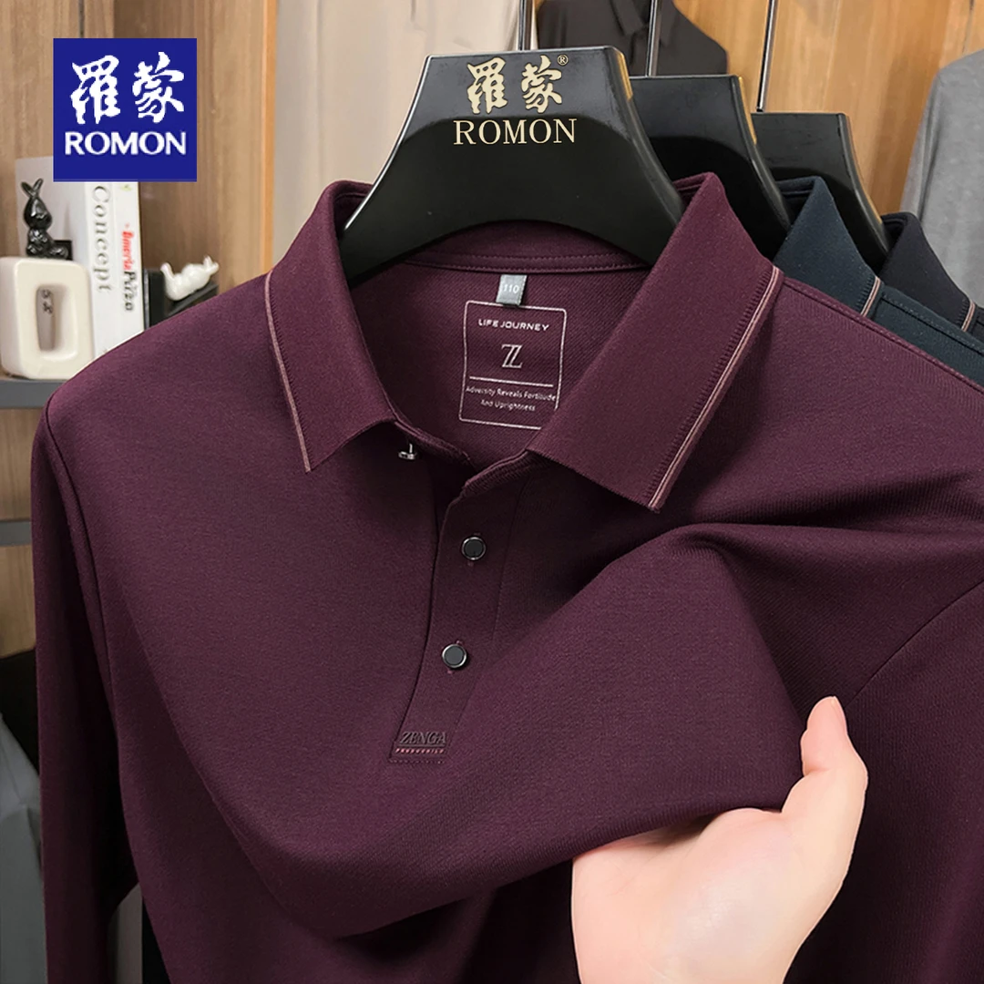 罗蒙翻领长袖T恤男士春秋新款喜爸爸婚宴装红色POLO衫本命年上衣