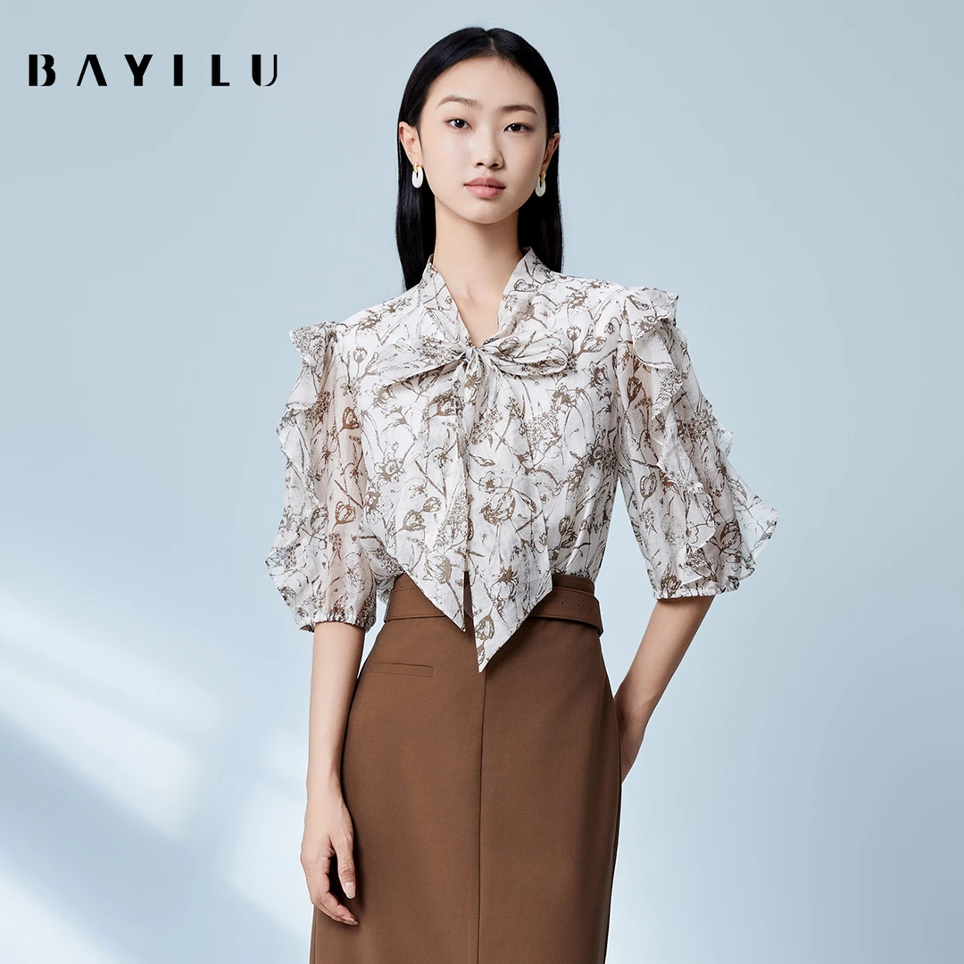 【丽公主】芭依璐夏季衬衫女蝴蝶结印花百搭上衣90C1926