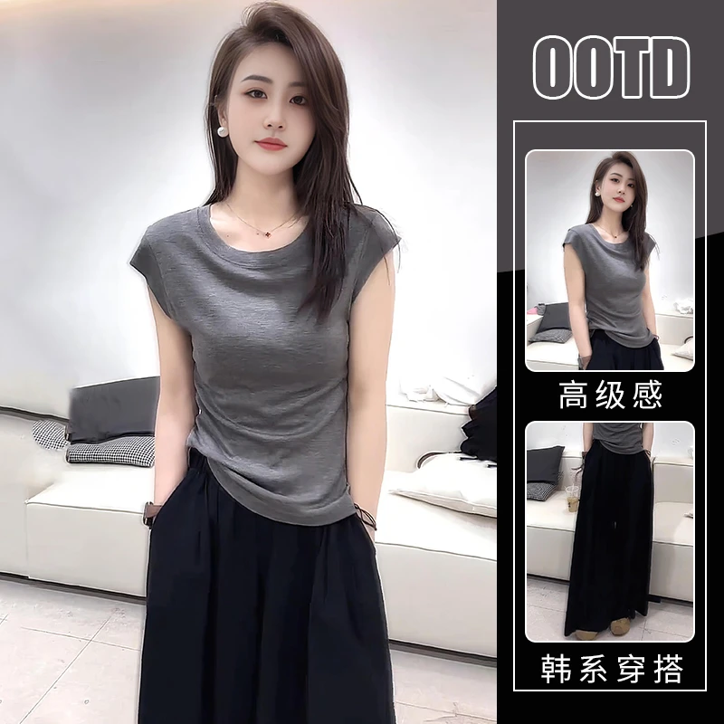 温柔风穿搭套装女夏季韩系灰色收腰显瘦t恤高腰阔腿裤两件套