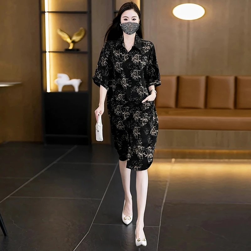 【女神新衣】胖MM大码POLO领遮肉衬衫连衣裙中长款休闲宽松型