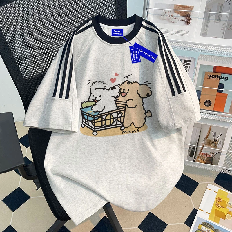 新款男女童纯棉三条杠短袖T恤宽松购物小狗儿童洋气中大童上衣服