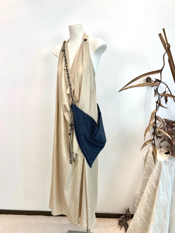 未定义-设计师款牛仔麻三角包斜挎单肩流苏织带包百搭包度假小包