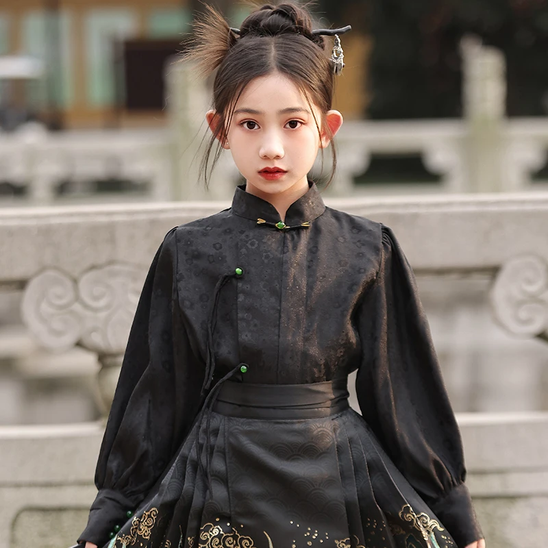 马面裙女童上衣暗纹提花长袖小女孩搭配国潮马面裙衬衫儿童中国风