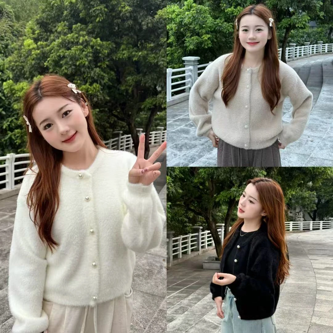 小个子短款软糯慵懒风上衣仿水貂法式针织开衫温柔气质外套女607