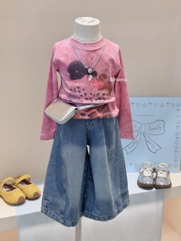 现货女童秋装卡通长袖T恤牛仔裤套装女宝洋气印花上衣裤子两件套