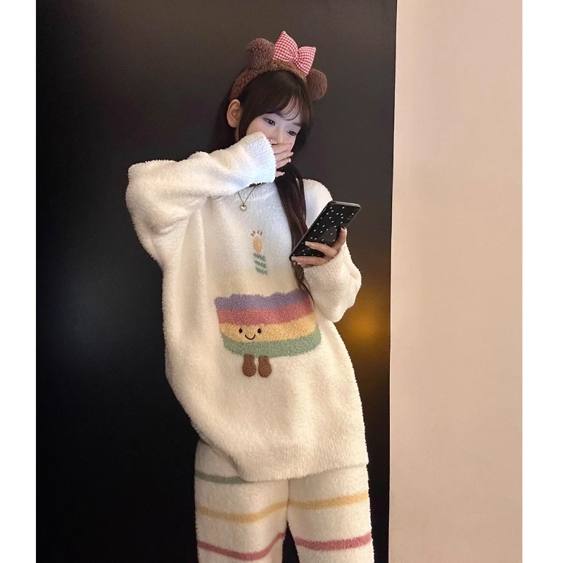 可爱彩虹条纹针织半边绒睡衣女冬季新款加绒保暖慵懒感家居服套装