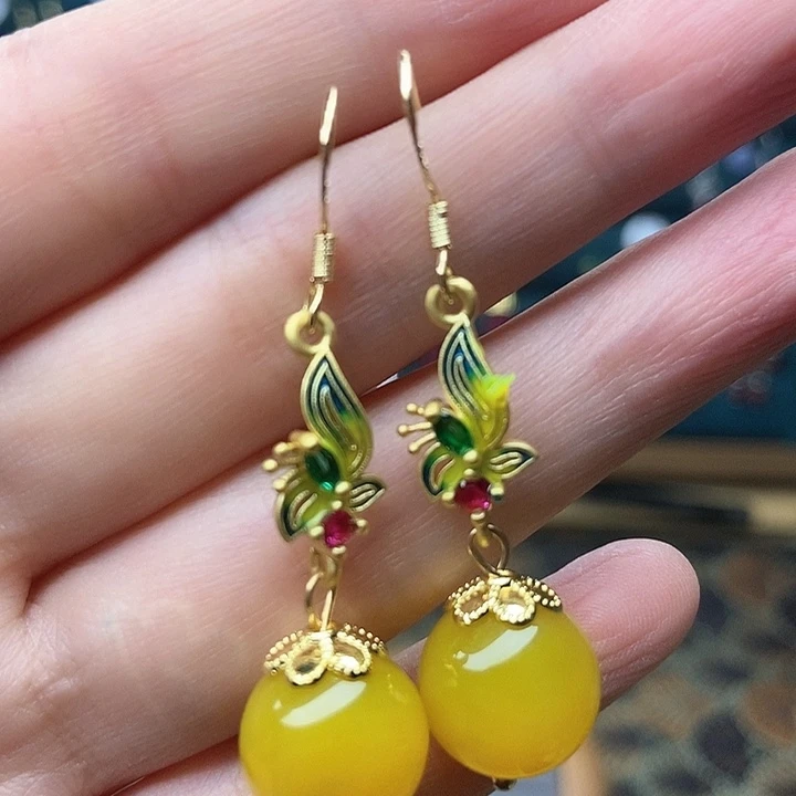 石英质玉耳钉银S925镶嵌