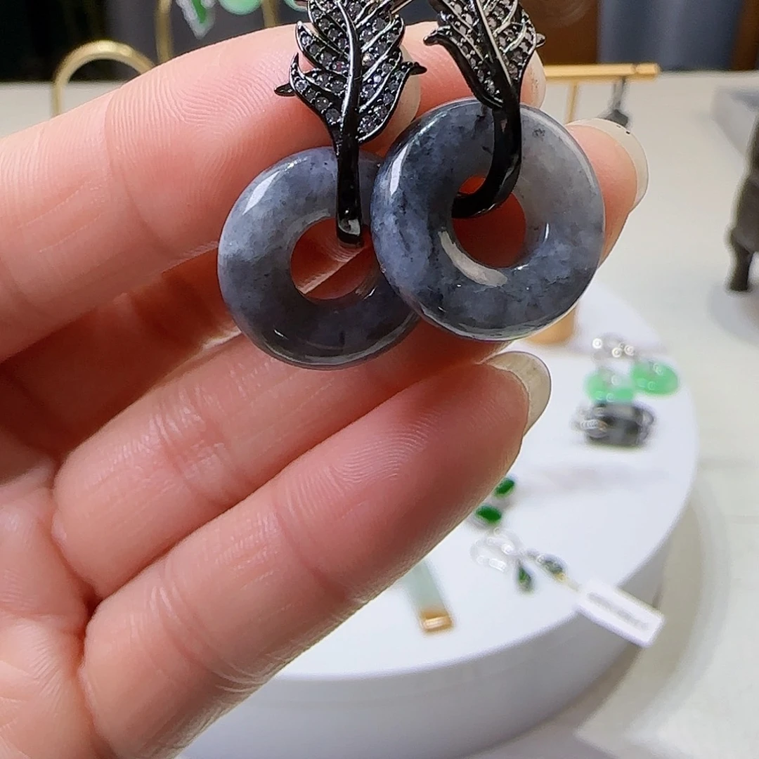 翡翠耳饰银S925镶嵌天然缅甸a货翡翠