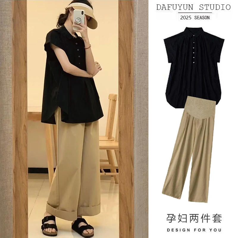 遮肚显瘦孕妇装女夏季新款宽松上衣休闲托腹阔腿裤时髦设计感套装