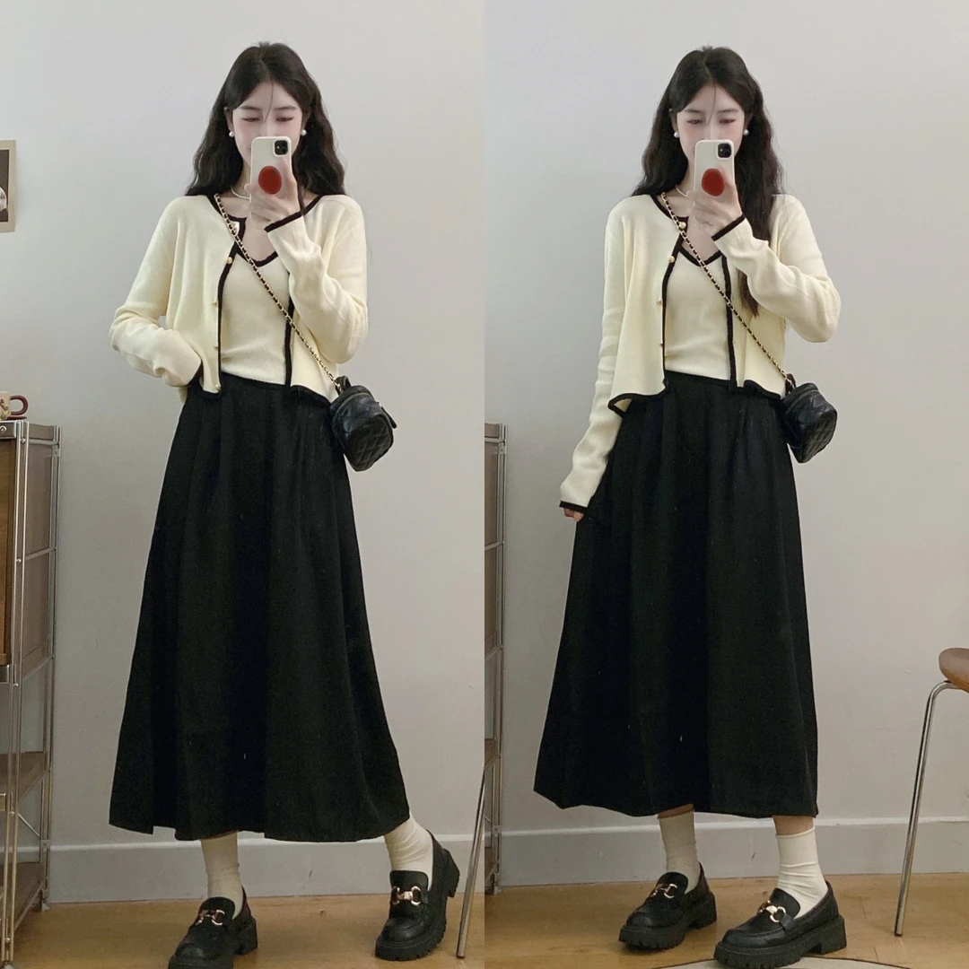 大码春新款开衫两件套上衣微胖气质百搭半身裙显瘦轻熟套装时尚