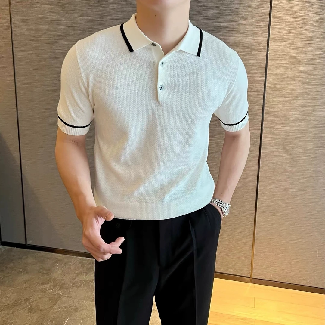 夏季休闲轻商务英伦风撞色短袖针织POLO衫男士简约透气翻领T恤衫