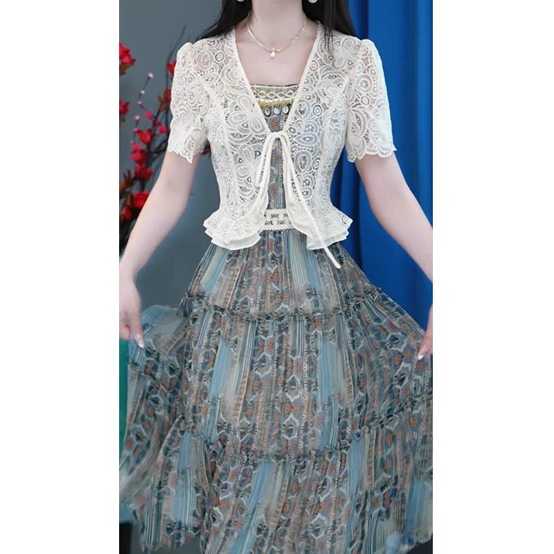 梦莎姿上衣+吊带裙2025精致优雅洋气百搭显瘦镂空夏季套装裙