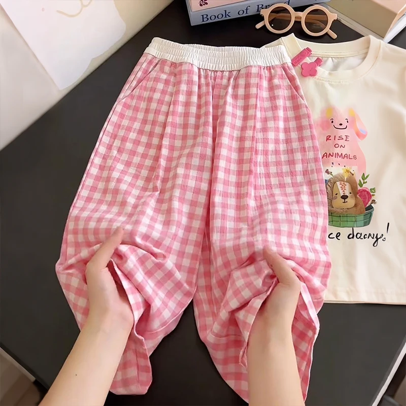 女童休闲裤春夏防蚊裤长裤松紧腰粉色格子夏季公主风女宽松