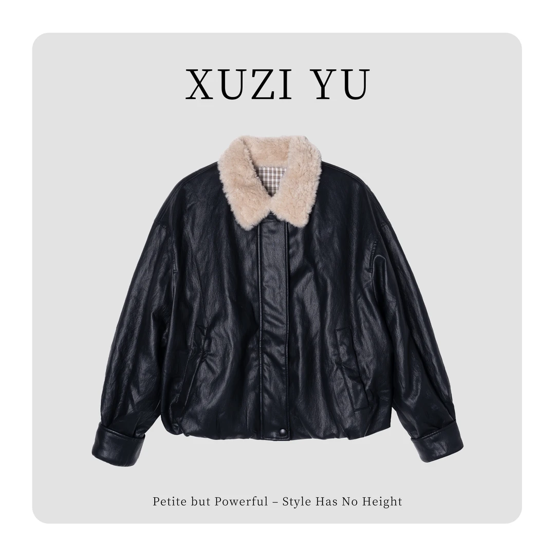 XUZI YU.小个子定制翻领冬季羊羔毛拼接PU皮衣外套女7712-W180687