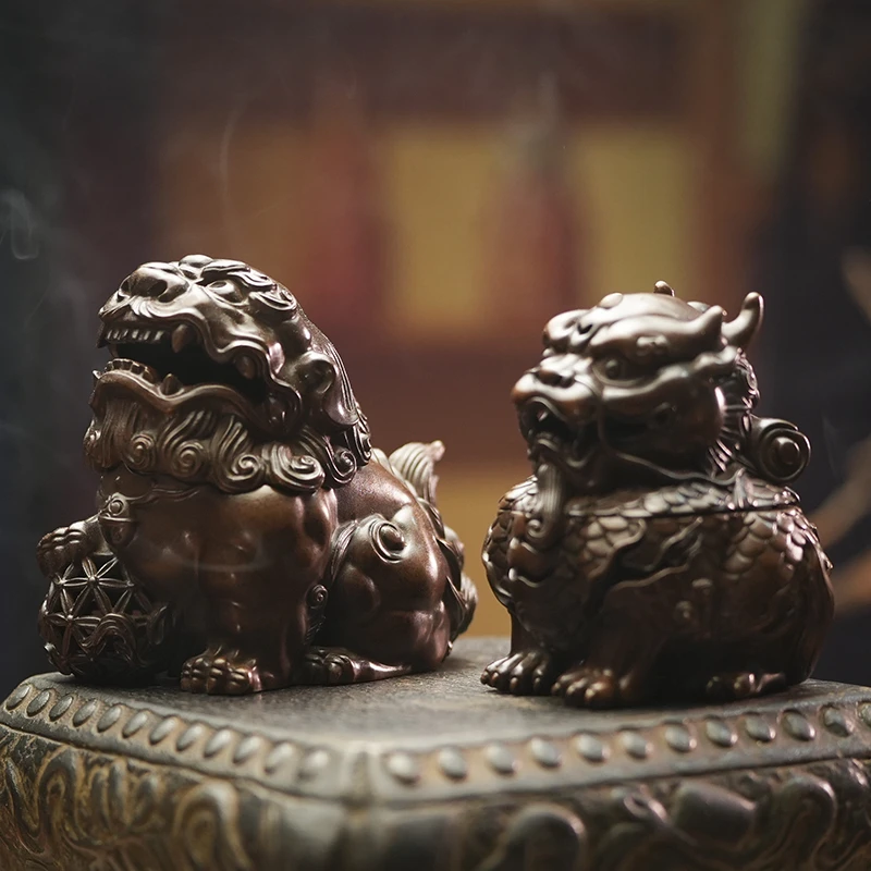苏工小号古风狮子滚绣球造型精炼铜中式家用室内香薰炉工艺品