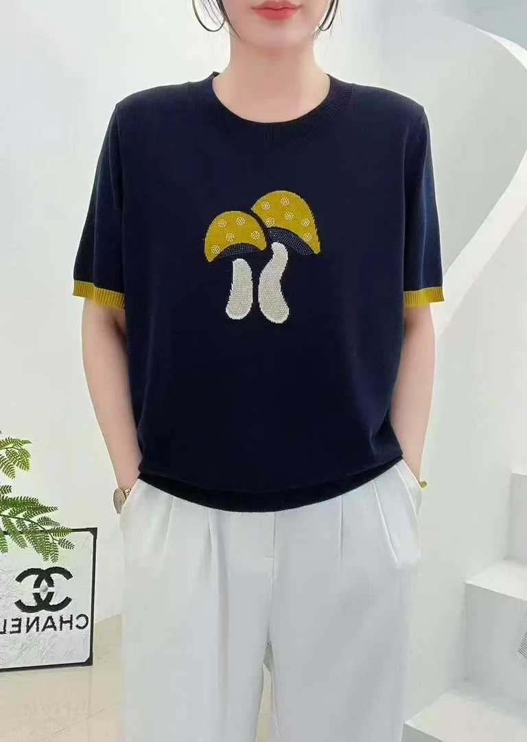 蘑菇新款短袖常规烫钻圆领印花衫夏季休闲简约提花上衣