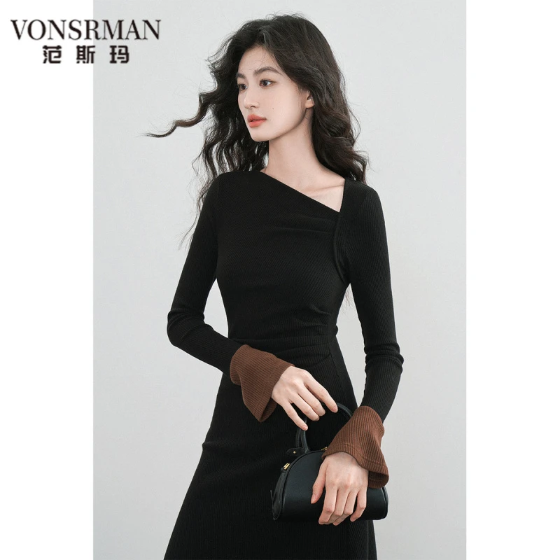 VONSRMAN设计感斜领法式针织连衣裙女秋冬内搭打底裙修身显瘦毛衣