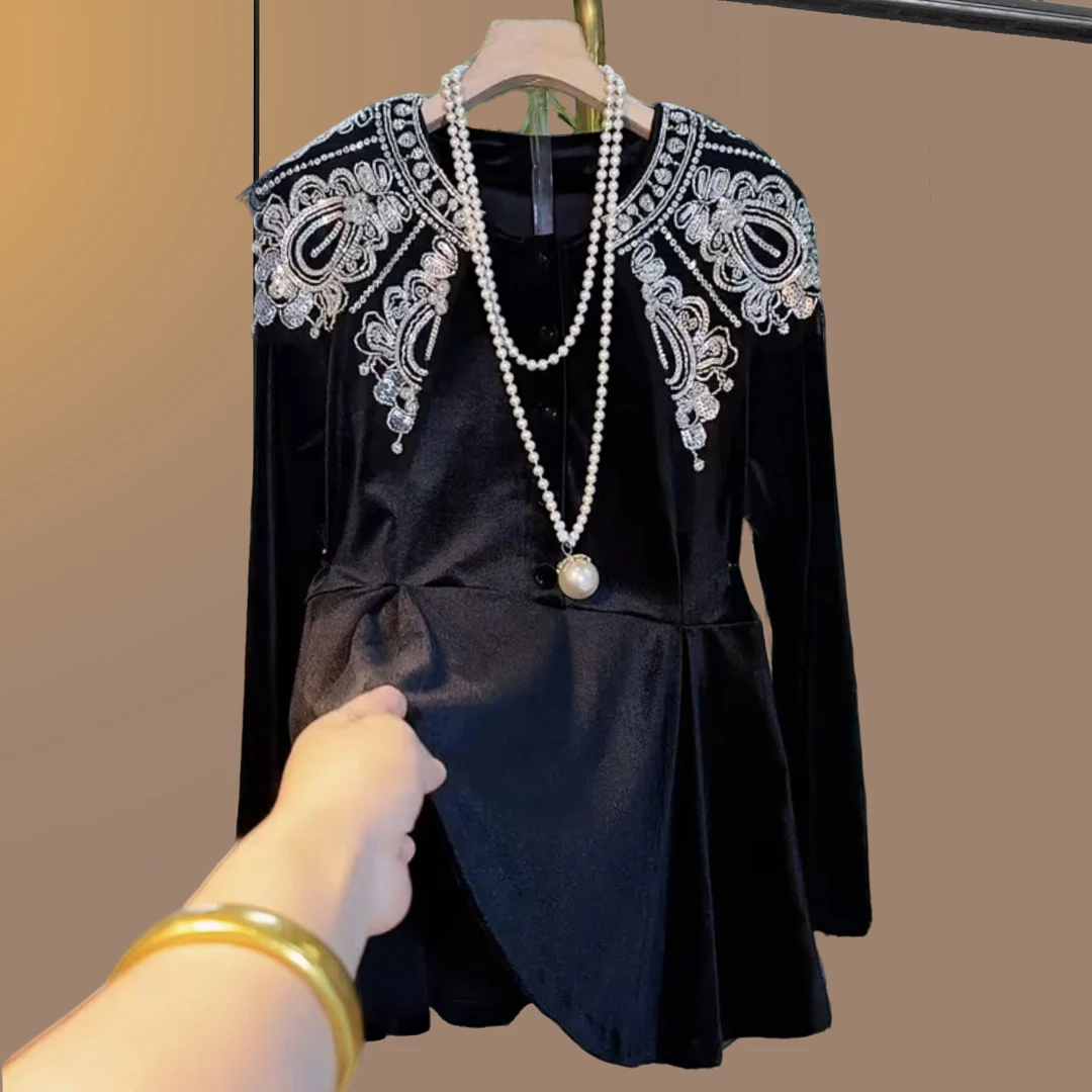 早秋季大码女装胖妹妹气质亮片显瘦宽松时尚减龄百搭上衣黑色大衫