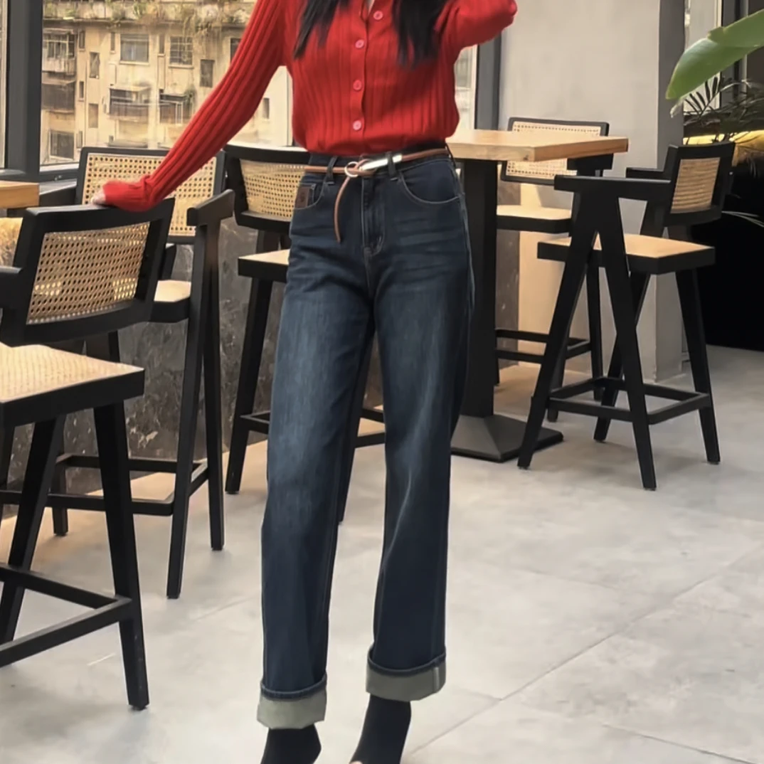 LINGZI/领姿新款笑脸牛仔裤女直筒牛仔裤高腰显瘦1101138