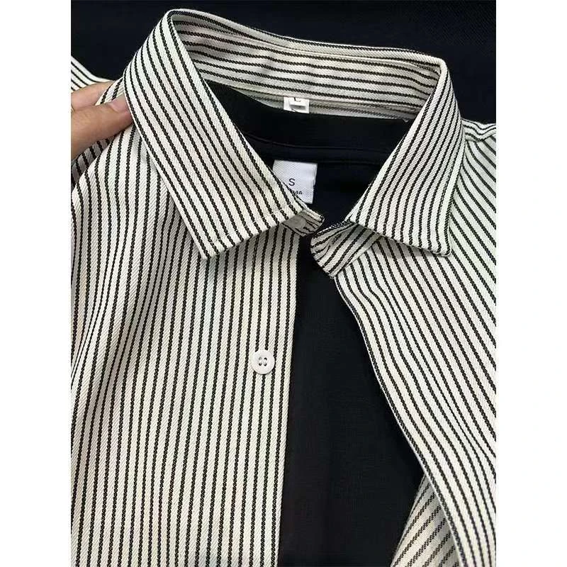 日系复古cityboy衬衫男生春秋长袖帅外套条纹港风内搭叠穿衬衣