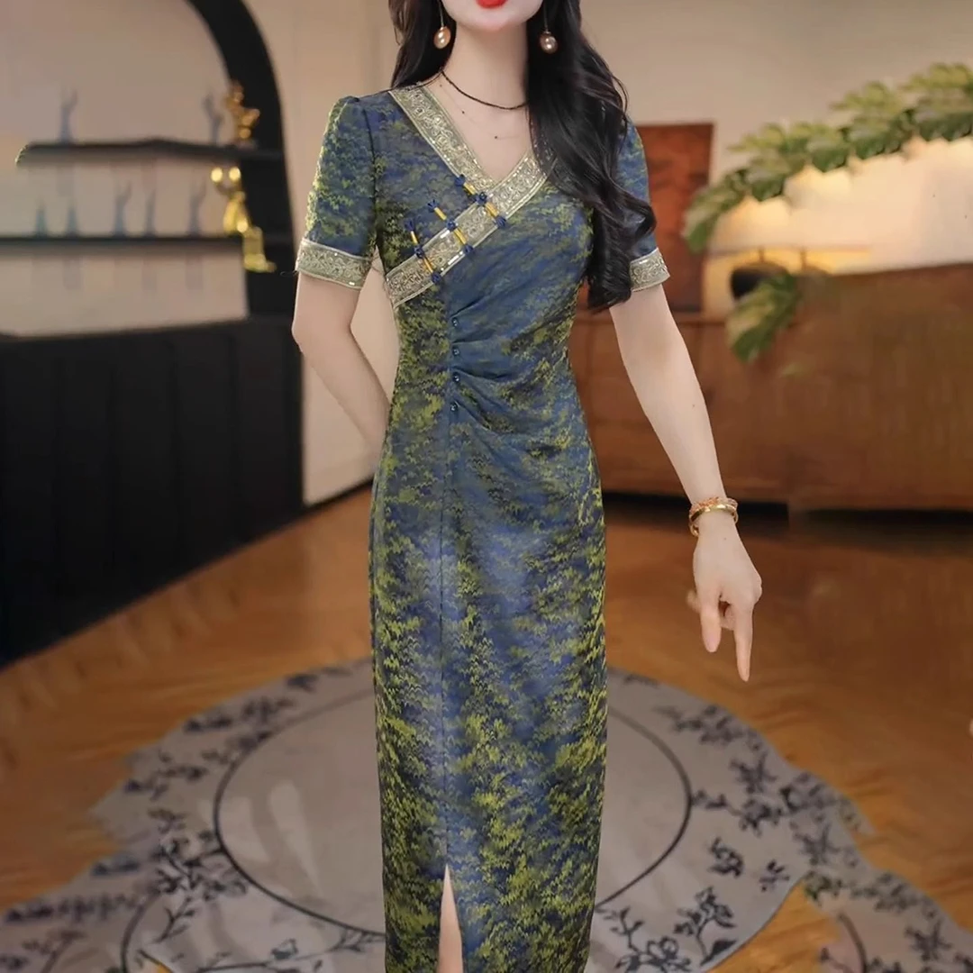 高级云锦缎高档中式国风刺绣旗袍裙2025夏季新款韵味中长款旗袍女
