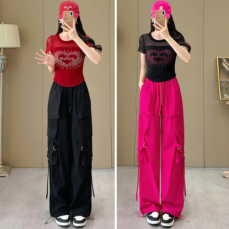 两件套网纱烫钻工装裤t-恤工装长裤军裤新款跳舞工裤军装裤夏季