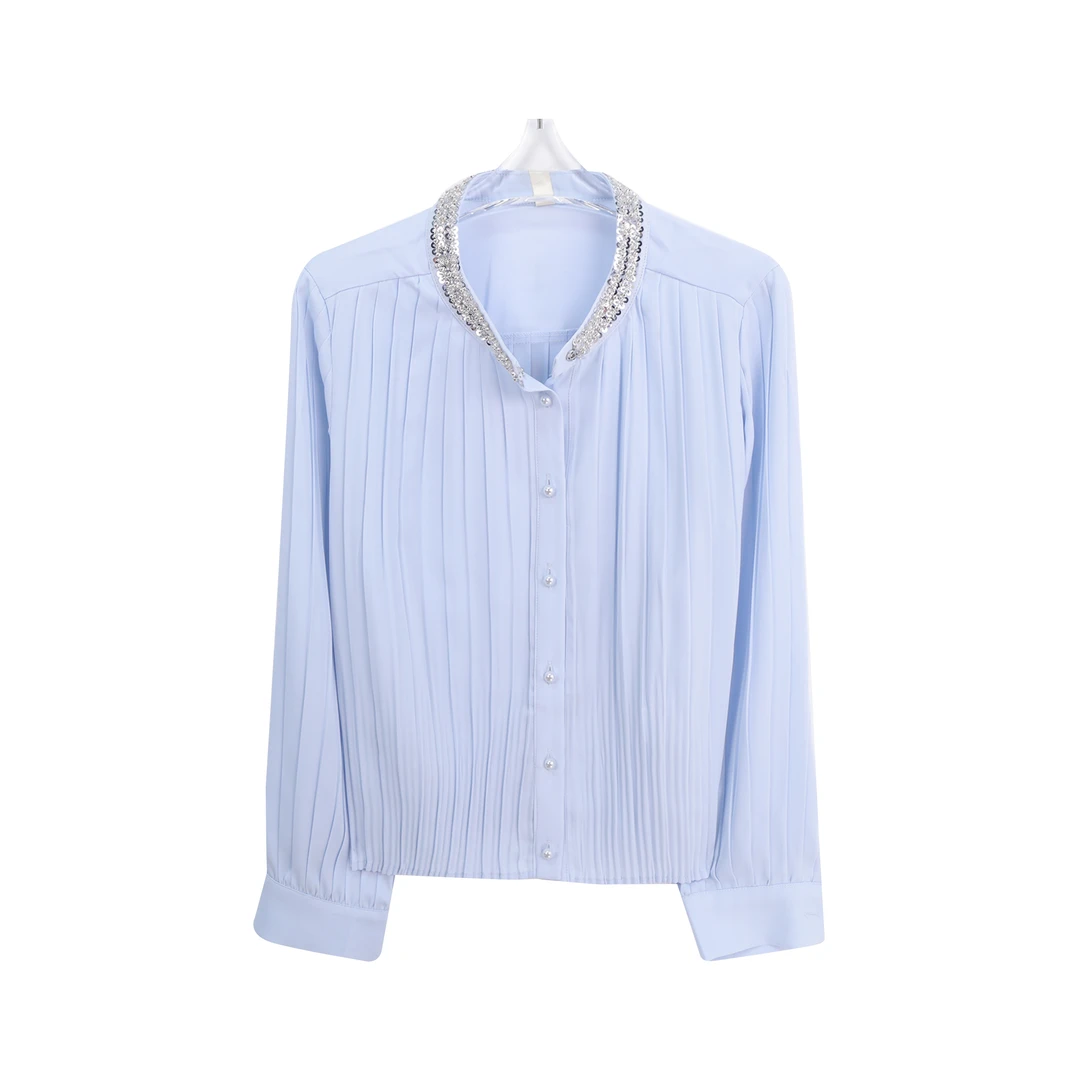 时尚气质圆领镶钻钉珠上衣设计感百褶纯色长袖衬衫C11142