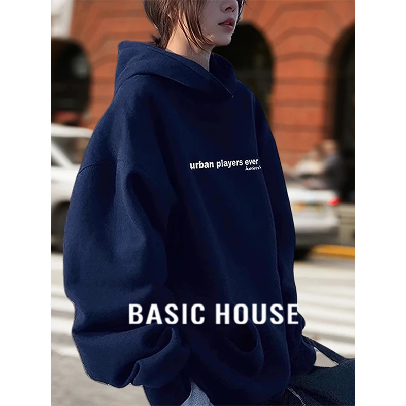 Basic House/百家好藏青色印花长袖连帽卫衣美式宽松上衣女装秋冬