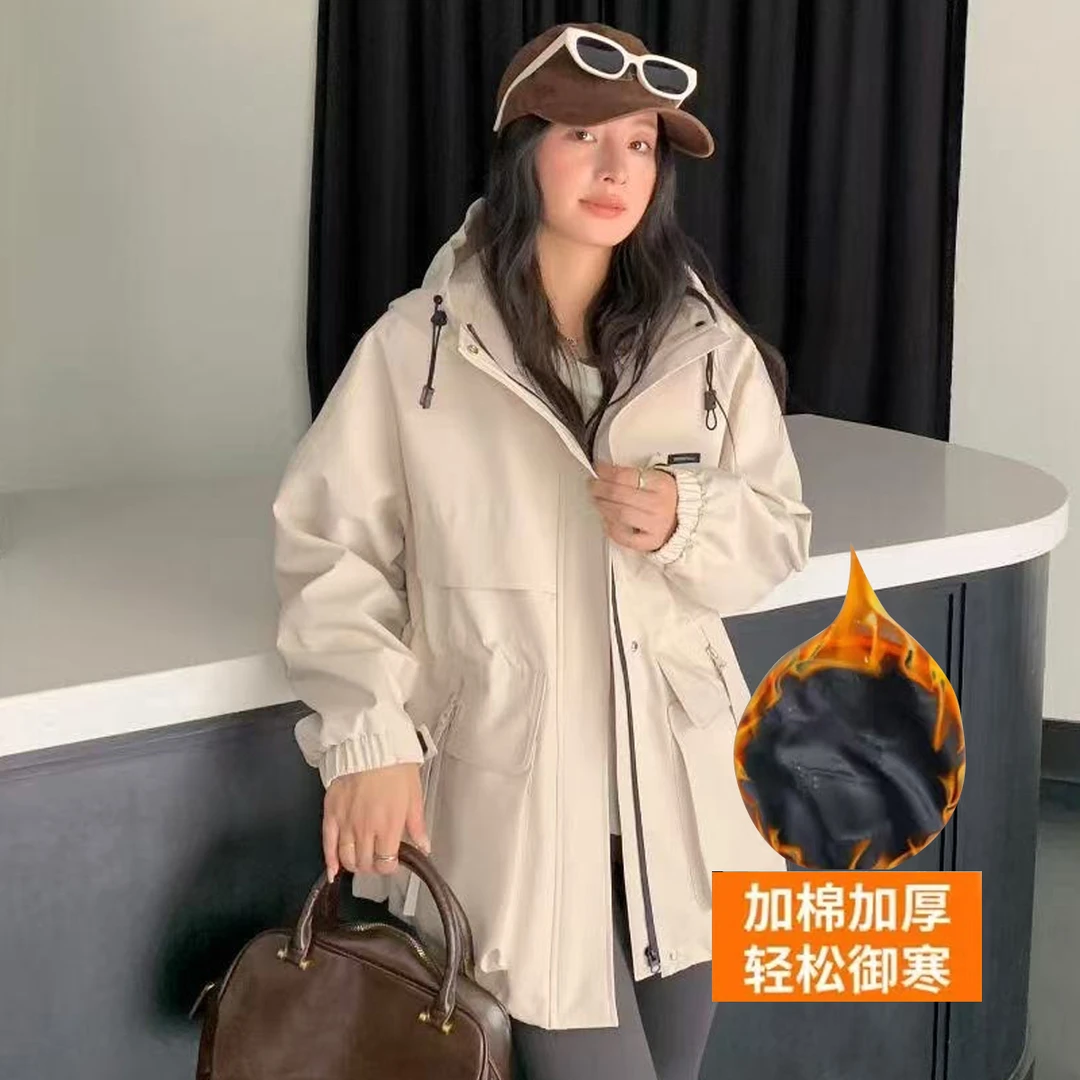 大码女装秋装新款风衣外套胖妹妹中长款连帽工装冲锋衣宽松收腰